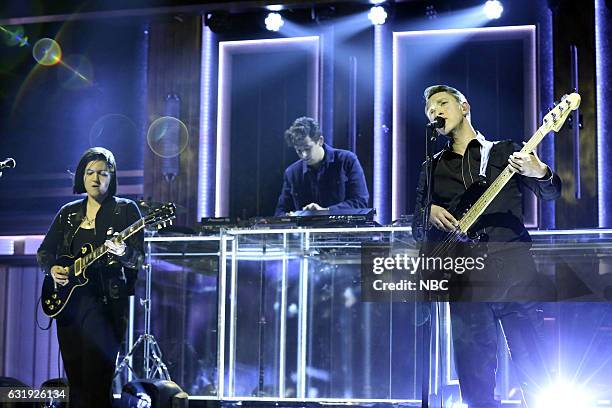 Episode 0604 -- Pictured: Musical guests Romy Madley Croft, Jamie xx, Oliver Sim of The xx perform on January 17, 2017 --