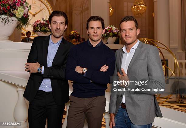 Fabian Cancellara, James Marsden and Jan Frodeno visit the IWC booth during the launch of the Da Vinci Novelties from the Swiss luxury watch...