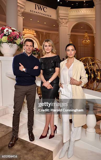 James Marsden, Taylor Schilling and Adriana Lima visit the IWC booth during the launch of the Da Vinci Novelties from the Swiss luxury watch...