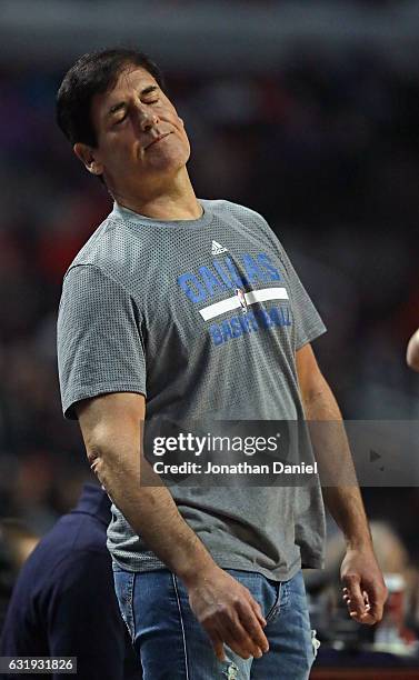 Owner Mark Cuban of the Dallas Mavericks reacts after his team turns the ball over against the Chicago Bulls at the United Center on January 17, 2017...