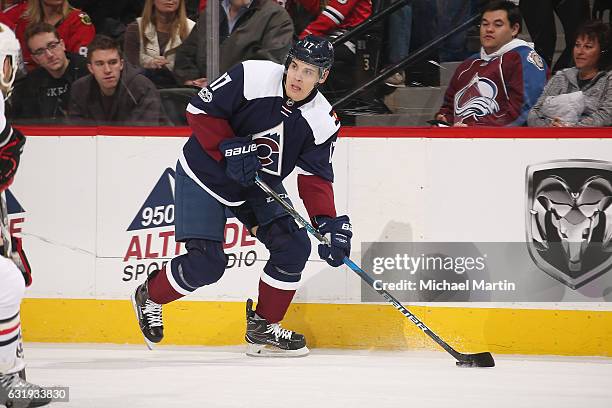 Rene Bourque of the Colorado Avalanche skates in his 700th career game against the Chicago Blackhawks at the Pepsi Center on January 17, 2017 in...