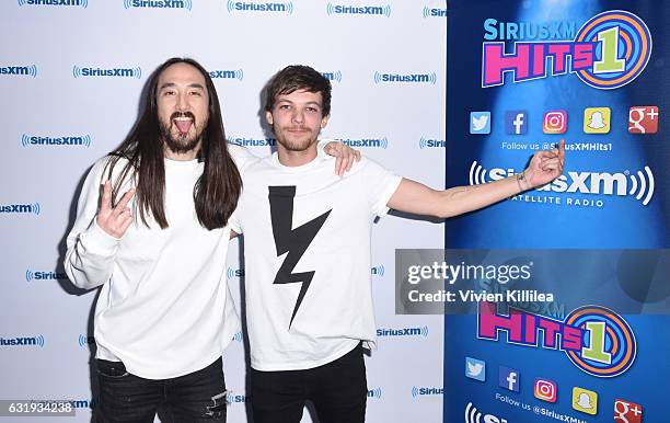 Recording artist Steve Aoki and singer Louis Tomlinson visit the Launch of 'Hits 1 in Hollywood' on SiriusXM Hits 1 at the SiriusXM Los Angeles...