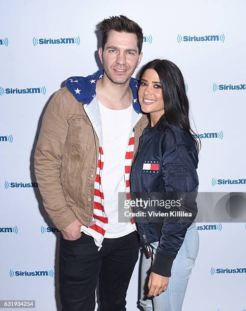 Singer Andy Grammer and Singer and radio personality Symon visit the Launch of 'Hits 1 in Hollywood' on SiriusXM Hits 1 at the SiriusXM Los Angeles...