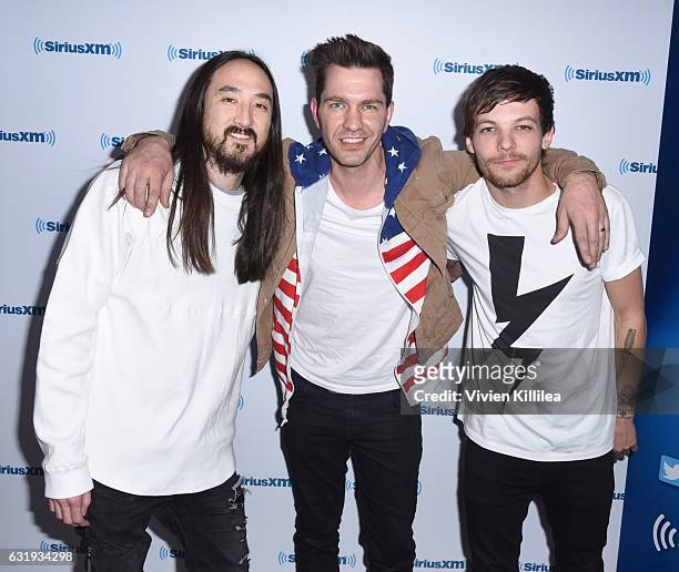 Recording artist Steve Aoki and singers Andy Grammer and Louis Tomlinson visit the Launch of 'Hits 1 in Hollywood' on SiriusXM Hits 1 at the SiriusXM...