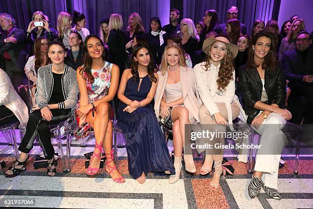 Lisa Tomaschewsky, Janina Uhse, Sila Sahin, Janina Uhse, Victoria Swarovski and Marvy Rieder sit front row during the Marc Cain fashion show...