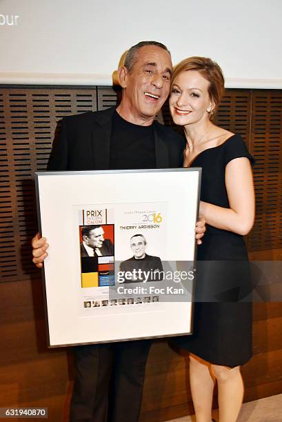 Presenter Thierry Ardisson and his wife TV presenter Audrey Crespo-Mara attend the Philippe Caloni 2016 Award Ceremony for the Best Interviewer...