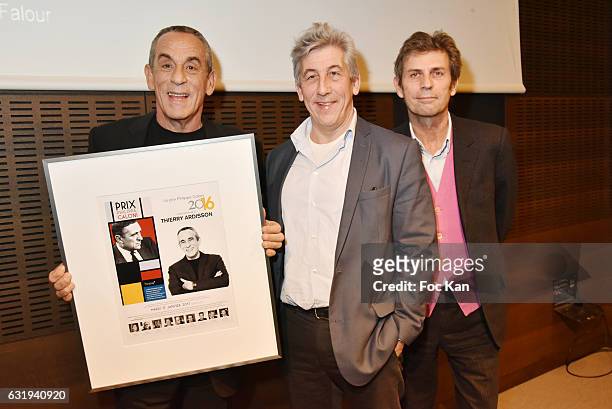 Presenter Thierry Ardisson, Herve Rony and TV presenter Frederic Taddei attend the Philippe Caloni 2016 Award Ceremony for the Best Interviewer...