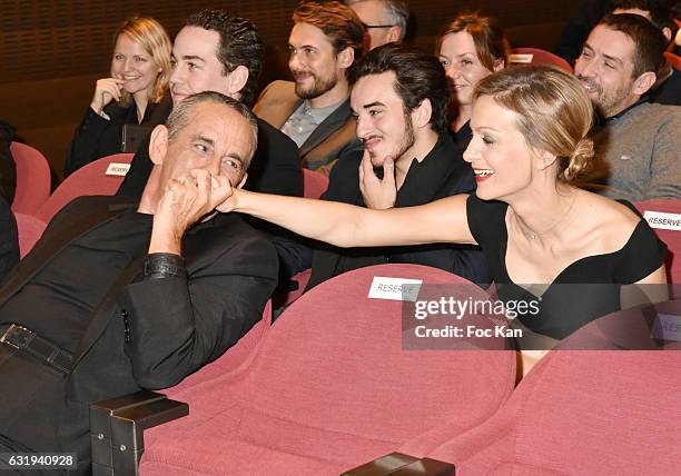 Presenter Thierry Ardisson and his wife TV presenter Audrey Crespo-Mara attend the Philippe Caloni 2016 Award Ceremony for the Best Interviewer...