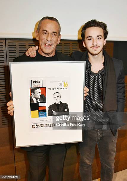 Gaston Ardisson and his father TV presenter Thierry Ardisson attend the Philippe Caloni 2016 Award Ceremony for the Best Interviewer Hosted by the...