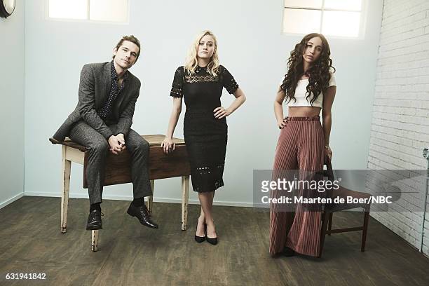 Actors Jason Ralph, Olivia Taylor Dudley and Stella Maeve of 'The Magicians' pose for a portrait in the NBCUniversal Press Tour portrait studio at...