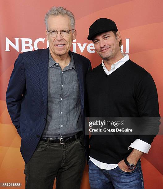 Actors Josh Holloway and Carlton Cuse arrive at the 2017 NBCUniversal Winter Press Tour - Day 1 at Langham Hotel on January 17, 2017 in Pasadena,...