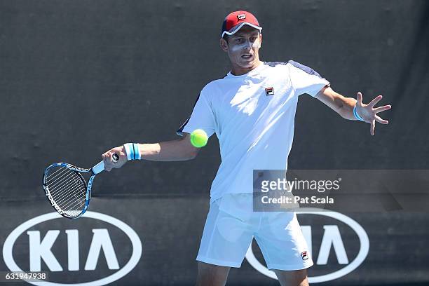 Andrew Whittington of Australia plays a forehand in his first round doubles match against Yen-Hsun Lu and Jiri Vesely on day three of the 2017...