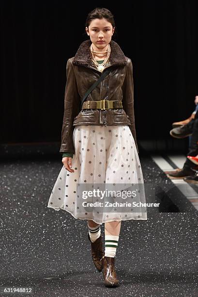 Model walks the runway at the Marc Cain fashion show A/W 2017 on January 17, 2017 in Berlin, Germany.