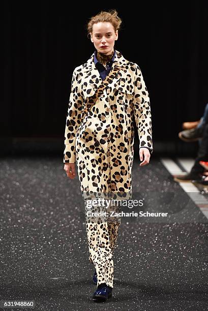 Model walks the runway at the Marc Cain fashion show A/W 2017 on January 17, 2017 in Berlin, Germany.