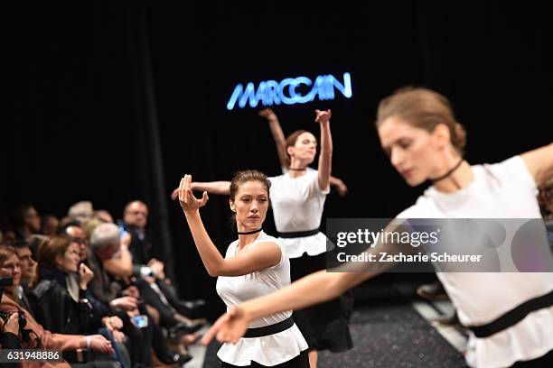 Dancers perform on the runway at the Marc Cain fashion show A/W 2017 on January 17, 2017 in Berlin, Germany.