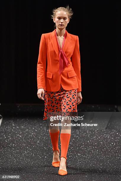 Model walks the runway at the Marc Cain fashion show A/W 2017 on January 17, 2017 in Berlin, Germany.