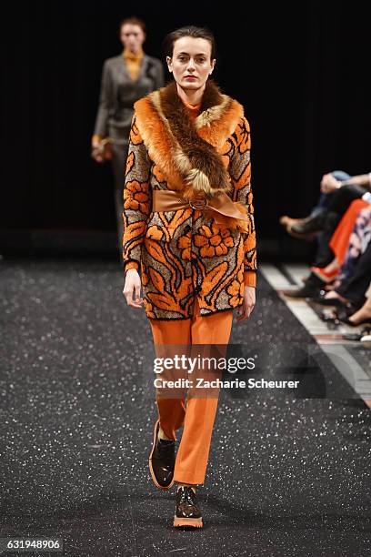 Model walks the runway at the Marc Cain fashion show A/W 2017 on January 17, 2017 in Berlin, Germany.