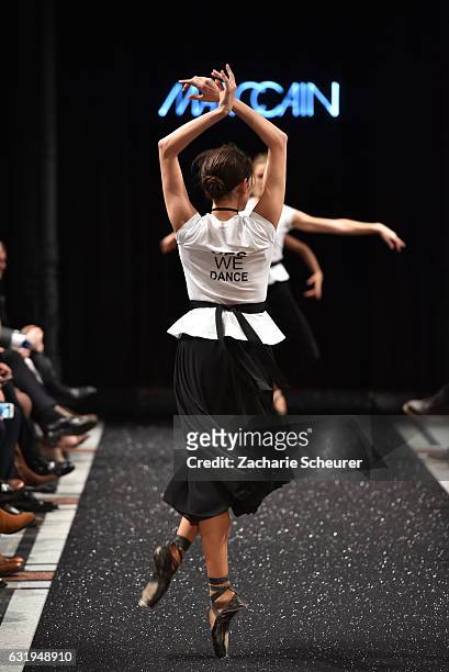 Dancers perform on the runway at the Marc Cain fashion show A/W 2017 on January 17, 2017 in Berlin, Germany.
