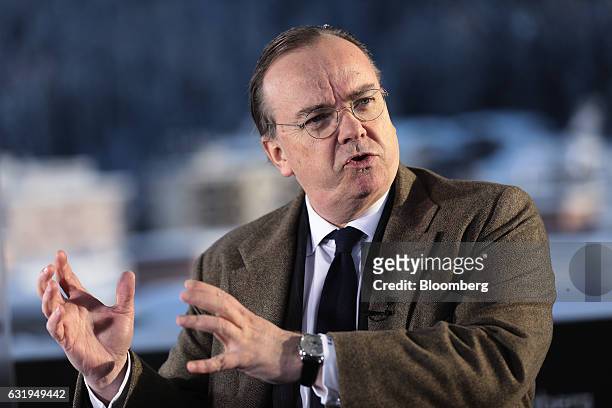 Stuart Gulliver, chief executive officer of HSBC Holdings Plc, gestures as he speaks during a Bloomberg Television interview during the World...