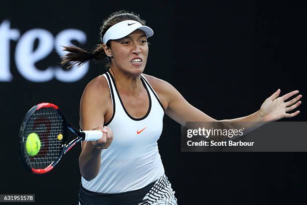 Samantha Crawford of the United States plays a forehand in her second round match against Garbine Muguruza of Spain on day three of the 2017...