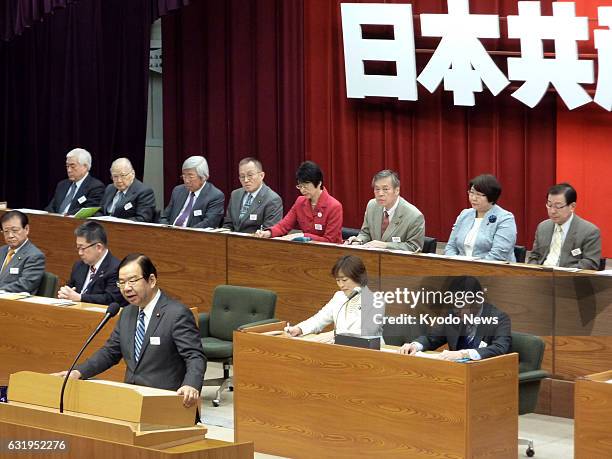 Japanese Communist Party leader Kazuo Shii addresses a party convention in Atami, west of Tokyo, on Jan. 18 the final day of the 4-day event. The JCP...