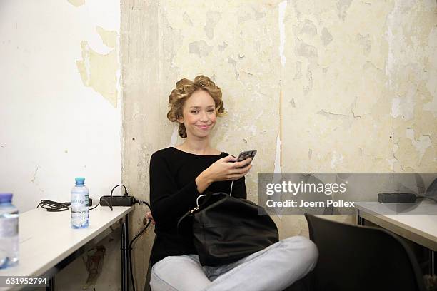 Model is seen backstage ahead of the Sportalm show during the Mercedes-Benz Fashion Week Berlin A/W 2017 at Kaufhaus Jandorf on January 18, 2017 in...