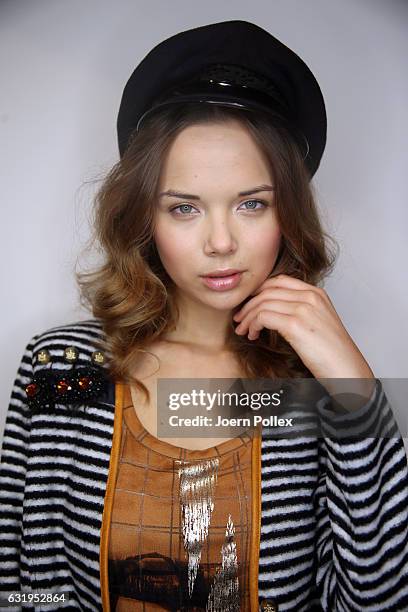 Model is seen backstage ahead of the Sportalm show during the Mercedes-Benz Fashion Week Berlin A/W 2017 at Kaufhaus Jandorf on January 18, 2017 in...