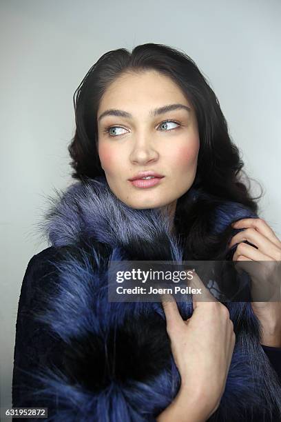 Model is seen backstage ahead of the Sportalm show during the Mercedes-Benz Fashion Week Berlin A/W 2017 at Kaufhaus Jandorf on January 18, 2017 in...