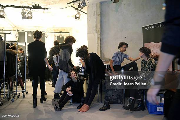 Models are seen backstage ahead of the Sportalm show during the Mercedes-Benz Fashion Week Berlin A/W 2017 at Kaufhaus Jandorf on January 18, 2017 in...