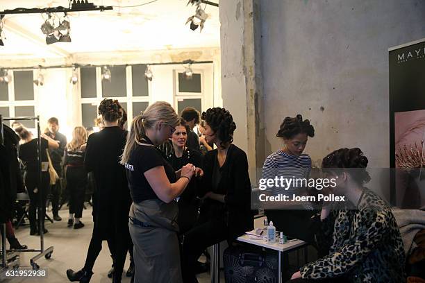 Models are seen backstage ahead of the Sportalm show during the Mercedes-Benz Fashion Week Berlin A/W 2017 at Kaufhaus Jandorf on January 18, 2017 in...