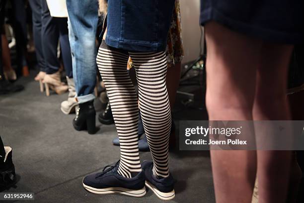 Models are seen backstage ahead of the Sportalm show during the Mercedes-Benz Fashion Week Berlin A/W 2017 at Kaufhaus Jandorf on January 18, 2017 in...