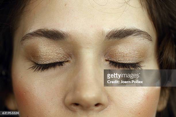 Model is seen backstage ahead of the Sportalm show during the Mercedes-Benz Fashion Week Berlin A/W 2017 at Kaufhaus Jandorf on January 18, 2017 in...