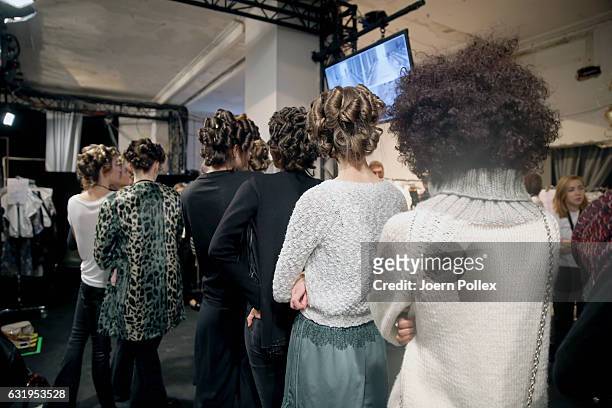 Models are seen backstage ahead of the Sportalm show during the Mercedes-Benz Fashion Week Berlin A/W 2017 at Kaufhaus Jandorf on January 18, 2017 in...
