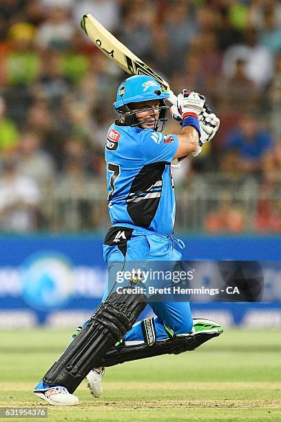 Brad Hodge of the Strikers bats during the Big Bash League match between the Sydney Thunder and the Adelaide Strikers at Spotless Stadium on January...