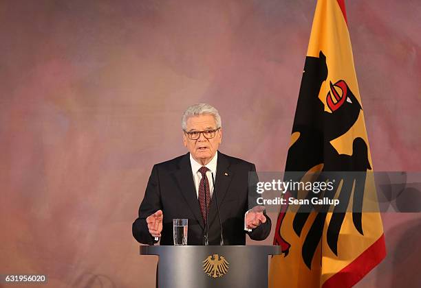 German President Joachim Gauck gives a speech to mark the end of his term as president at Schloss Bellevue palace on January 18, 2017 in Berlin,...