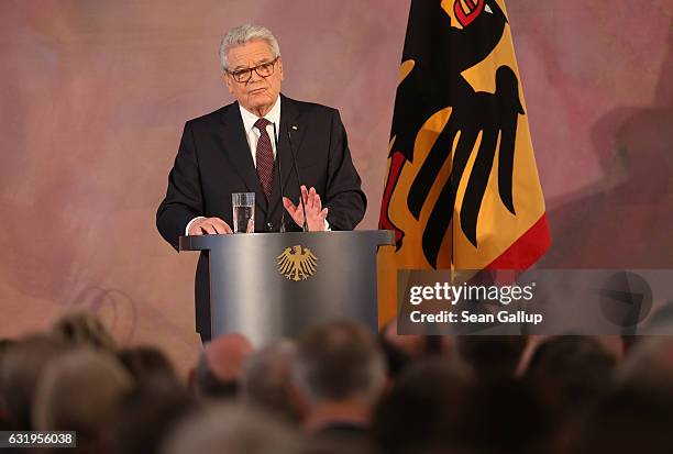 German President Joachim Gauck gives a speech to mark the end of his term as president at Schloss Bellevue palace on January 18, 2017 in Berlin,...