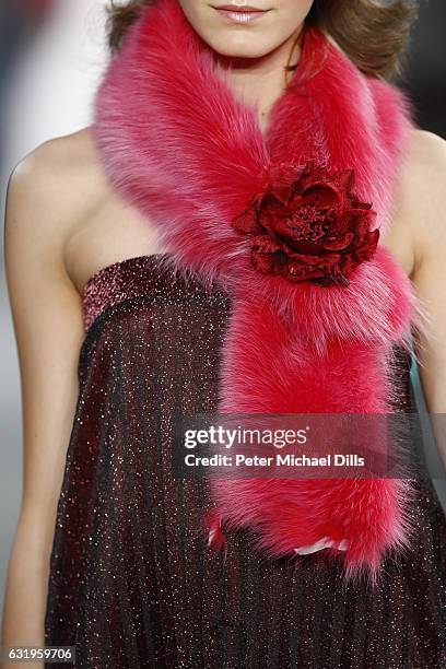 Model, scarf detail, walks the runway at the Sportalm show during the Mercedes-Benz Fashion Week Berlin A/W 2017 at Kaufhaus Jandorf on January 18,...