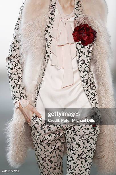 Model, scarf detail, walks the runway at the Sportalm show during the Mercedes-Benz Fashion Week Berlin A/W 2017 at Kaufhaus Jandorf on January 18,...