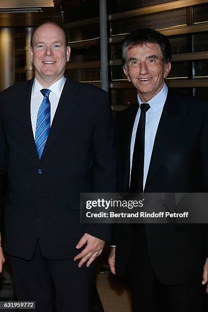 Prince Albert II of Monaco and President of the 'Institut du Monde Arabe' Jack Lang visit "Aventurier Des Mers" Exhibition at Institut du Monde Arabe...