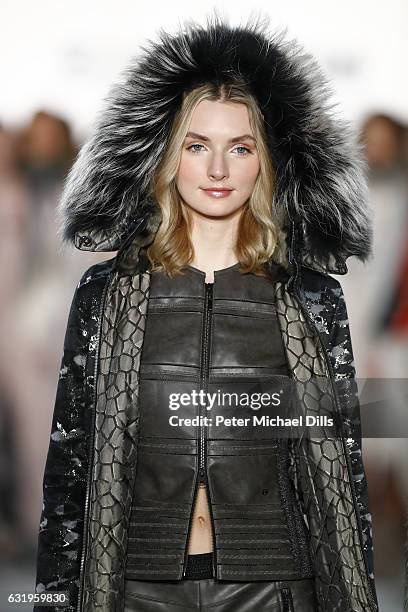 Model, fashion detail, walks the runway at the Sportalm show during the Mercedes-Benz Fashion Week Berlin A/W 2017 at Kaufhaus Jandorf on January 18,...