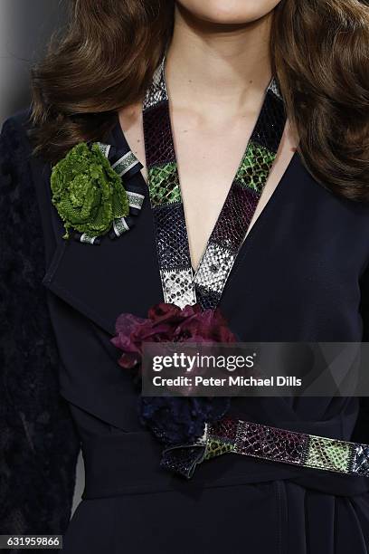 Model, fashion detail, walks the runway at the Sportalm show during the Mercedes-Benz Fashion Week Berlin A/W 2017 at Kaufhaus Jandorf on January 18,...