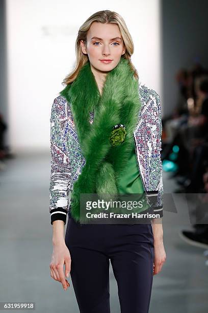 Model, scarf detail, walks the runway at the Sportalm show during the Mercedes-Benz Fashion Week Berlin A/W 2017 at Kaufhaus Jandorf on January 18,...