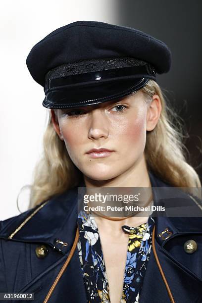 Model, hat detail, walks the runway at the Sportalm show during the Mercedes-Benz Fashion Week Berlin A/W 2017 at Kaufhaus Jandorf on January 18,...