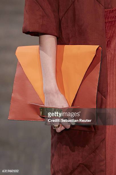Model walks the runway, bag detail, at the Philomena Zanetti show during the Mercedes-Benz Fashion Week Berlin A/W 2017 at Stage at me Collectors...