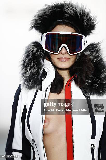 Model walks the runway at the Sportalm show during the Mercedes-Benz Fashion Week Berlin A/W 2017 at Kaufhaus Jandorf on January 18, 2017 in Berlin,...