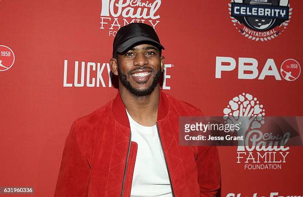 Professional basketball player Chris Paul attends the State Farm Chris Paul PBA Celebrity Invitational held at Lucky Strike Lanes at L.A. Live on...