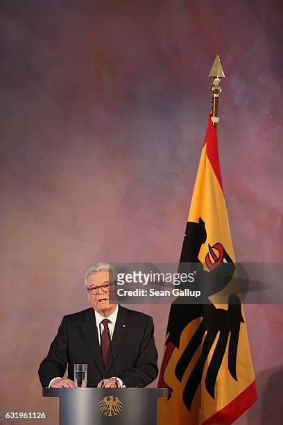 German President Joachim Gauck gives a speech to mark the end of his term as president at Schloss Bellevue palace on January 18, 2017 in Berlin,...