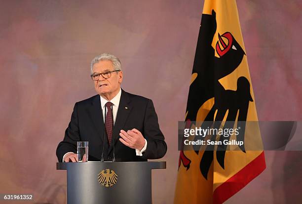 German President Joachim Gauck gives a speech to mark the end of his term as president at Schloss Bellevue palace on January 18, 2017 in Berlin,...