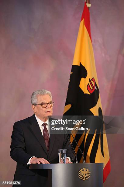 German President Joachim Gauck gives a speech to mark the end of his term as president at Schloss Bellevue palace on January 18, 2017 in Berlin,...