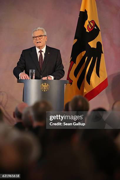 German President Joachim Gauck gives a speech to mark the end of his term as president at Schloss Bellevue palace on January 18, 2017 in Berlin,...